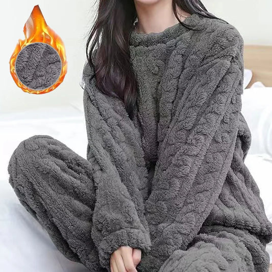 Autumn Women Solid Warm 2 Piece Sets Thicken Velvet Ribbed Fleece Set Pullover and Pants Women Casual Pajama Sets 2023